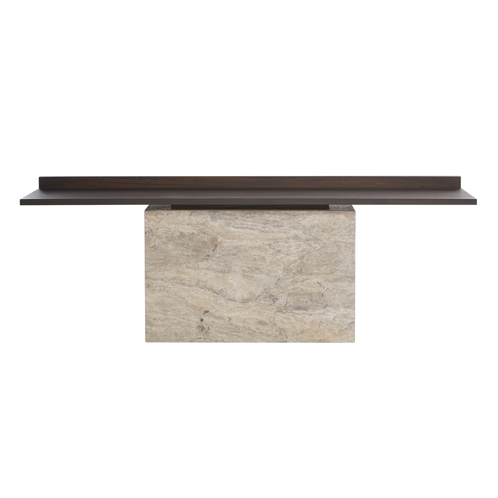 Latitude dresser, consisting of a marble body and wooden surface, stands in front of a white wall.